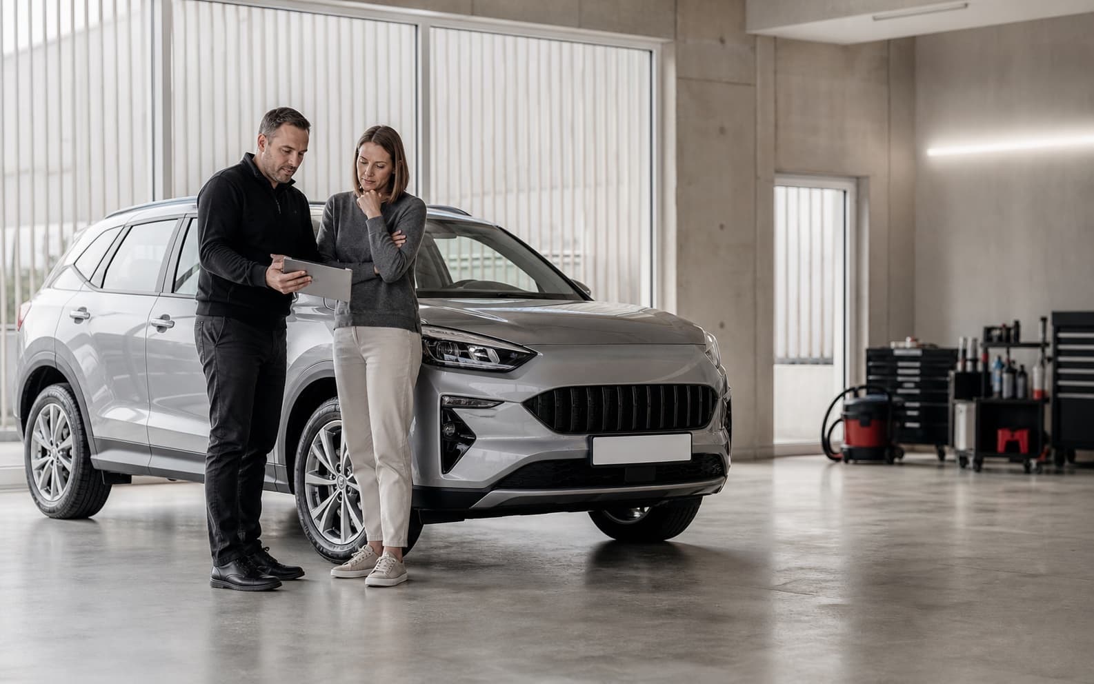 Propriétaire accompagnée par un spécialiste pour préparer la vente de sa voiture