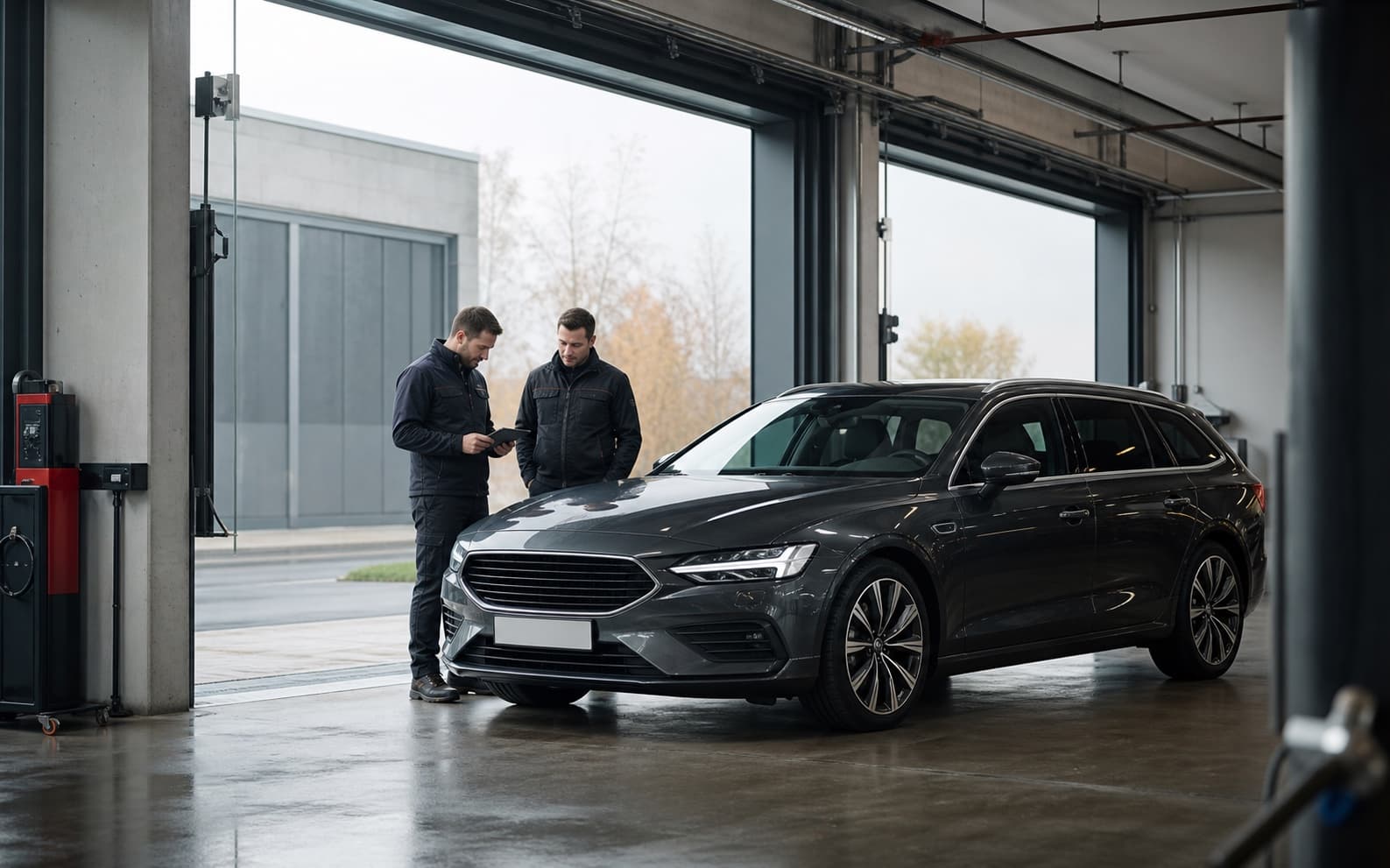 Professionnels automobiles examinant une voiture dans un atelier moderne au Luxembourg