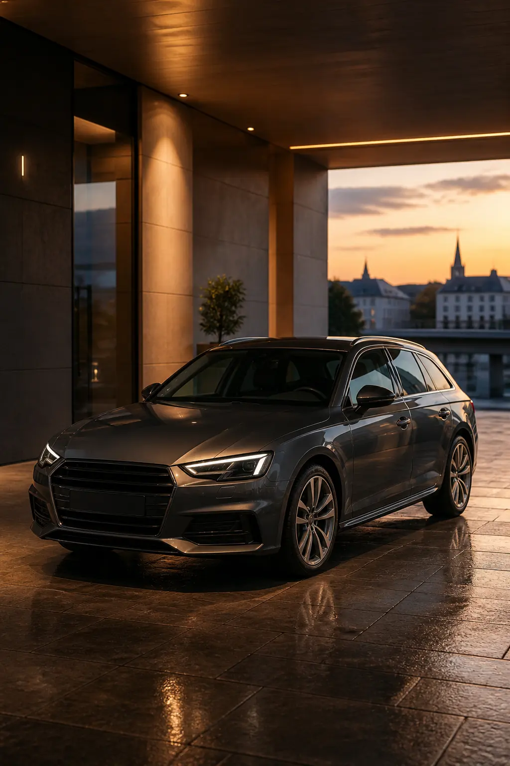 Voiture graphite devant une architecture moderne au crépuscule