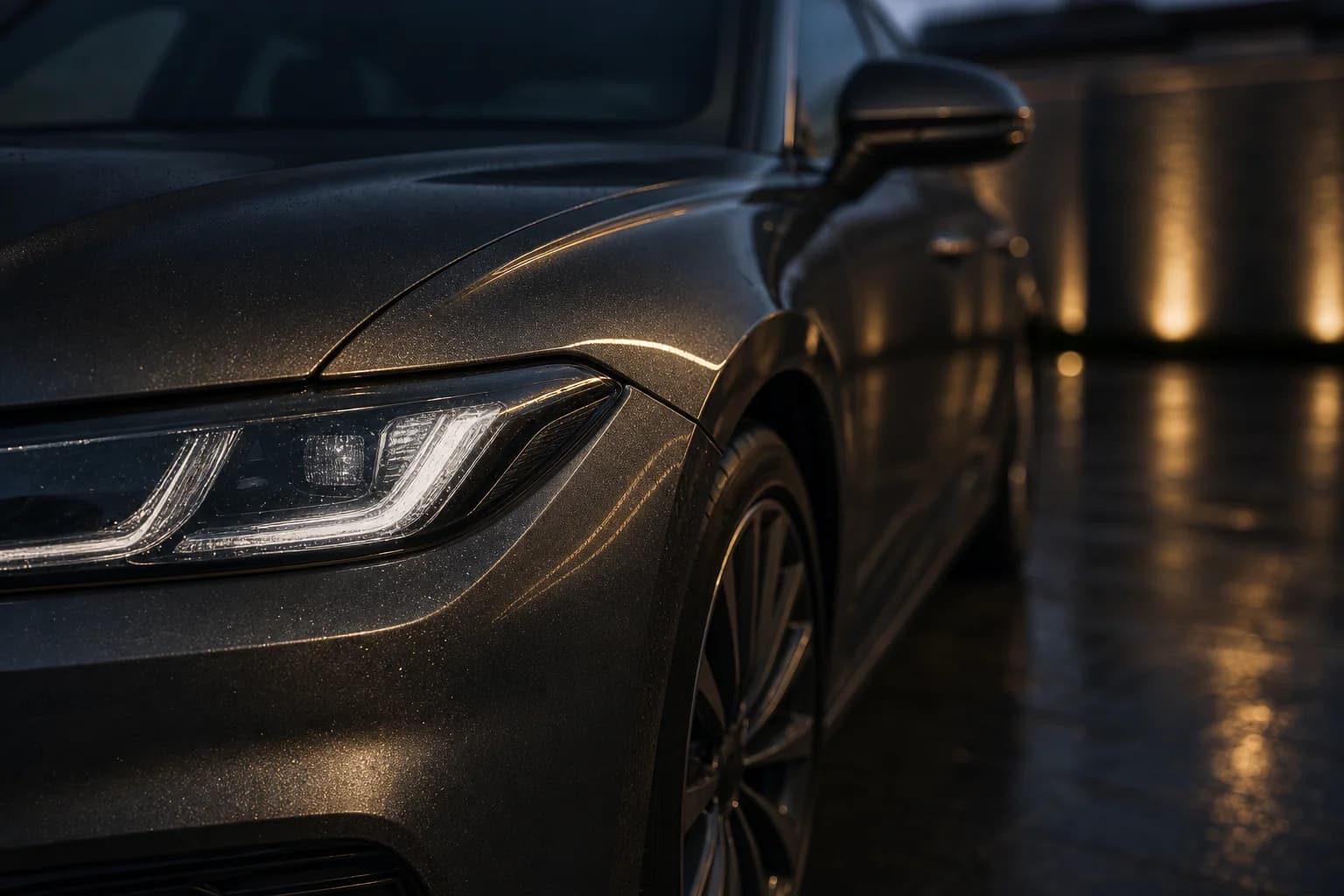 Détail d'une voiture graphite sous des reflets couleur champagne