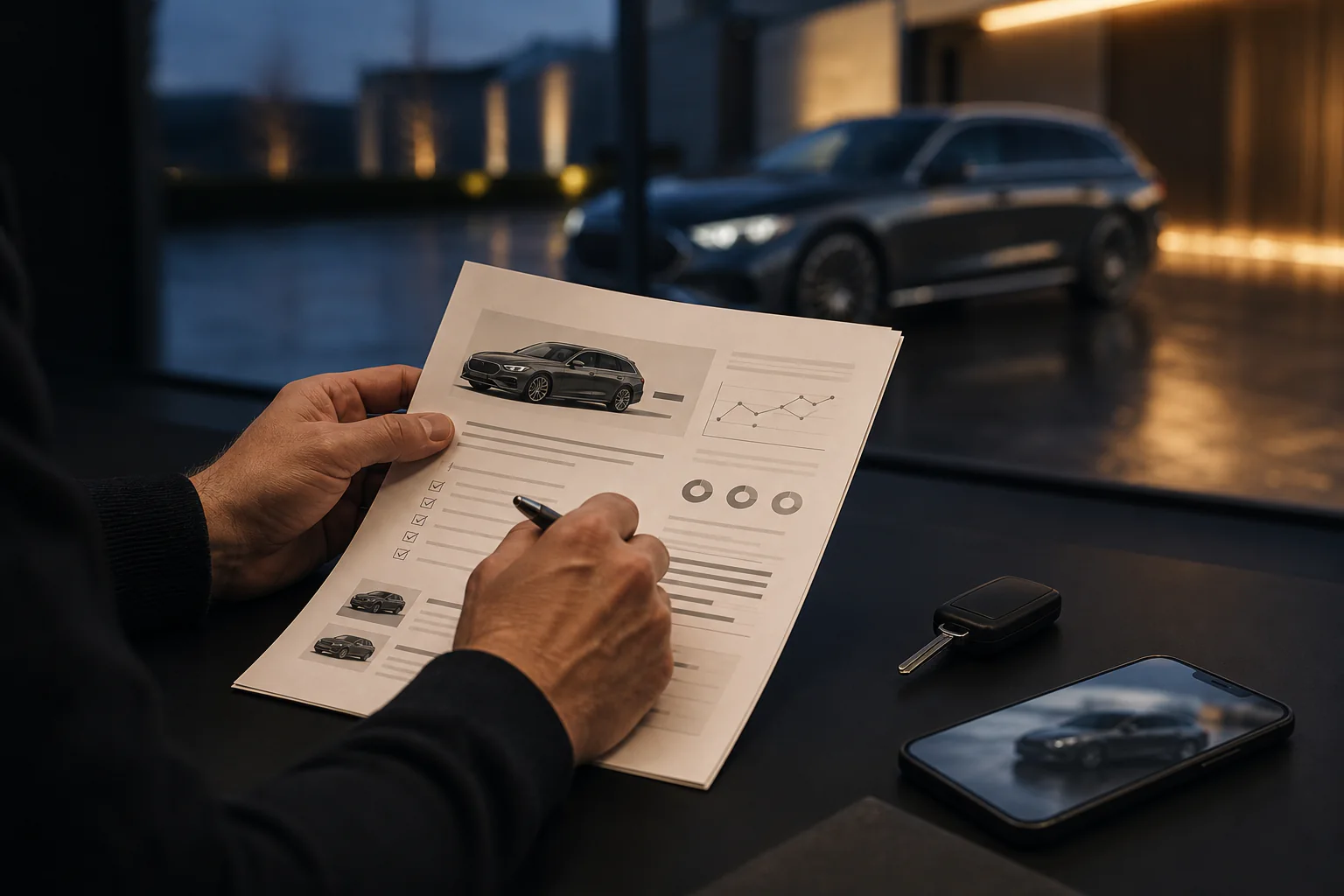 Mains examinant un dossier d'estimation automobile avec une clef de voiture